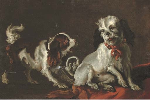 A King Charles Cavalier spaniel and another dog in an interior by Abraham Hondius