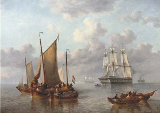 Shipping on a calm sea by Georg Willem Opdenhoff