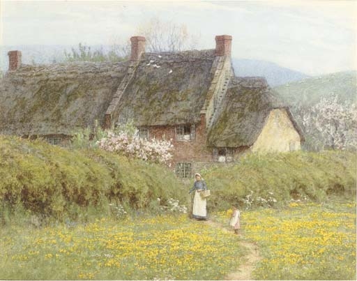 A cottage with a mother and child, near Bridport, Dorset by Helen Allingham