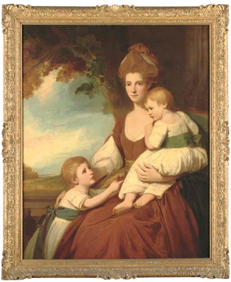 Group portrait of Mrs Charles Hawkins and her children, Caesar and Louisa Anne, three-quarter-length, she in a burgundy dress with yellow sash, her children in white dresses with coloured sashes, the older offering cherries to the younger, on a balcony, a landscape beyond by George Romney