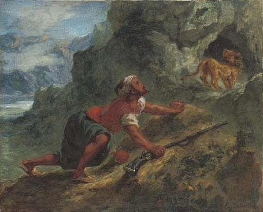 Arab stalking a lion by Eugène Delacroix, circa 1849-1850