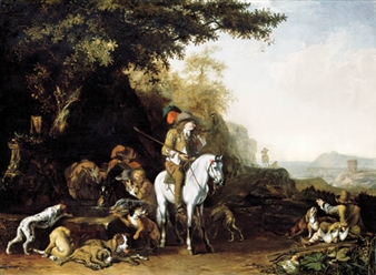 An extensive landscape with a hunting party resting by a water trough and a sportsman shooting - Abraham Hondius