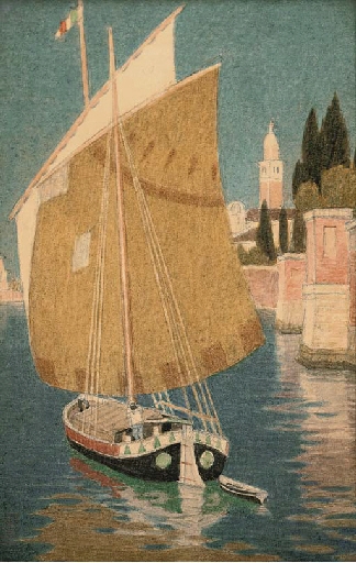 A Venetian Barge by Joseph Edward Southall, 1921