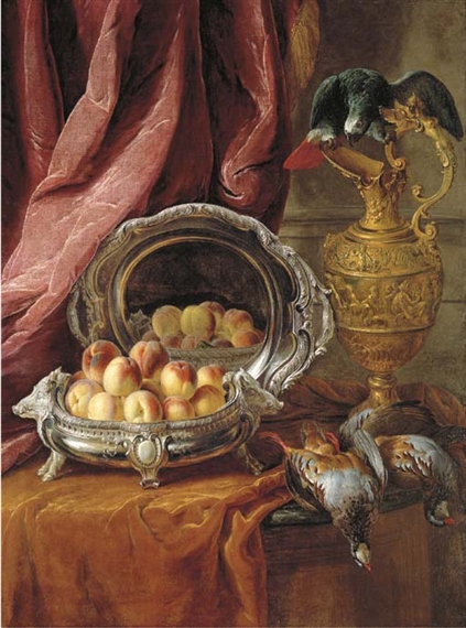 Peaches in a silver-footed bowl, a silver platter, an African Grey parrot perched on a vermeil ewer and game birds on a partly-draped tabletop by Alexandre-François Desportes, 1733