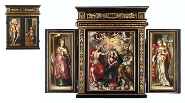 Artwork by Otto van Veen, The Coronation of the Virgin; left wing: Saint Barbara; right wing: Saint Helena; overleaf: the Annunciation, Made of oil on panel; a triptych