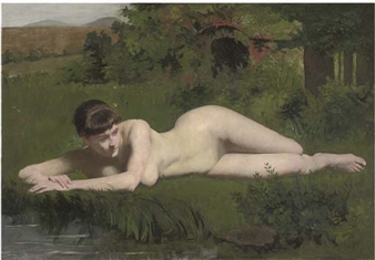 Reclining nude on the riverbank - Frank Duveneck