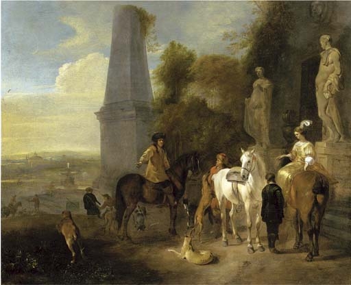 A hunting party resting outside a mausoleum, a city beyond by Hendrick Verschuring