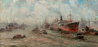 Shipping in Rotterdam harbour - Gerardus Johannes Delfgaauw