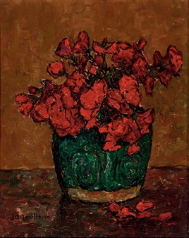 A still life with red flowers in a green vase - Jan Adam Zandleven