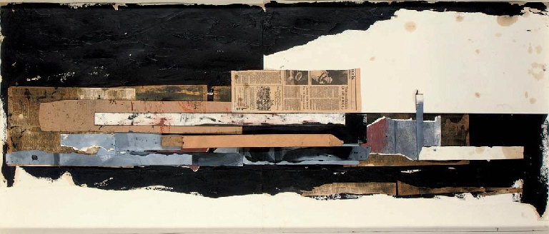 Artwork by Jannis Kounellis, Untitled, Made of oil, wood, carboard and newspaper collage on paper