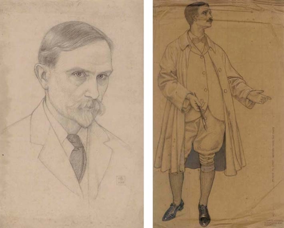 Self-portrait wearing a fez; Self-portrait of the artist with brushes in his hand; and Self-portrait in a suit (two illustrated) by Joseph Edward Southall