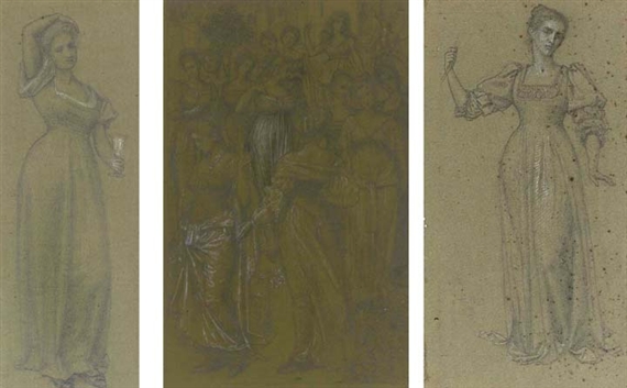 Studies for the painted panels of an oak writing desk: 'The Twelve Dancing Princesses' by the Brothers Grimm and 'The Sleeping Draught' (all illustrated)