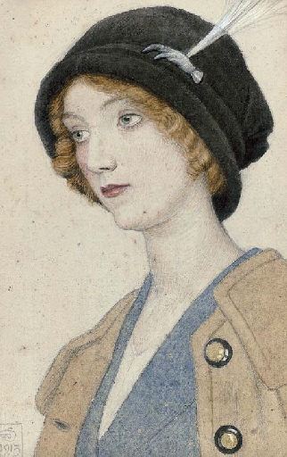Portrait of a young lady, bust-length, wearing a fashionable black hat with a grouse-claw brooch