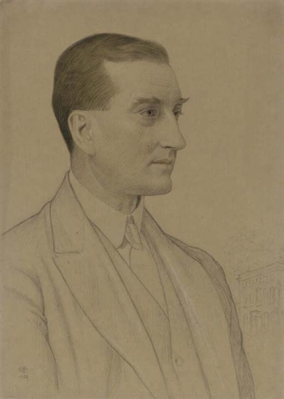Study of J. Archibald Kenrick with Harborne Hall in the background by Joseph Edward Southall, 1923