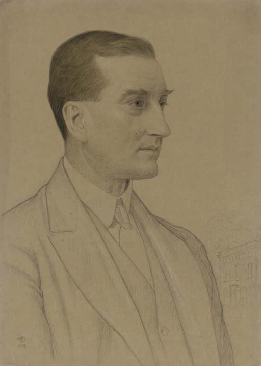 Artwork by Joseph Edward Southall, Study of J. Archibald Kenrick with Harborne Hall in the background, Made of coloured chalks