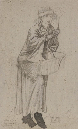 Artwork by Joseph Edward Southall, A study for the flower seller in the fresco 'Corporation Street, Birmingham, in March 1914', Made of black chalk heightened with white