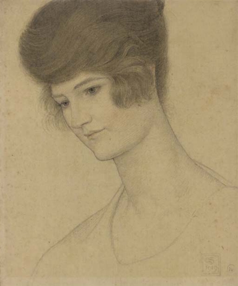 Portrait of Mrs William Smedley-Aston, bust-length, turned to the right by Joseph Edward Southall, 1919