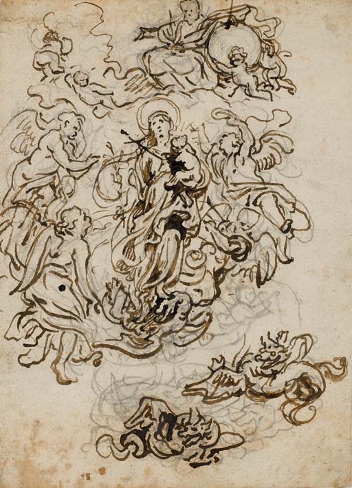 Artwork by Abraham van Diepenbeeck, Vierge à l'Enfant foulant un dragon, dans les nuées et entourée d'anges, Made of black chalk, pen and brown ink