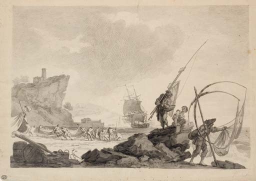 Vue d'une plage avec des rochers, des pêcheurs tirant leurs filets, un bateau et un port à l'arrière-plan by Claude-Joseph Vernet