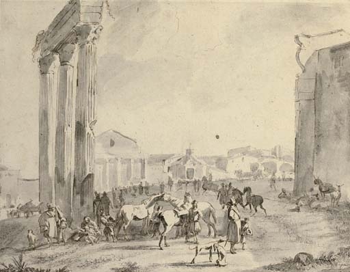 A horse fair in the Campo Vaccino, Rome by Hendrick Verschuring