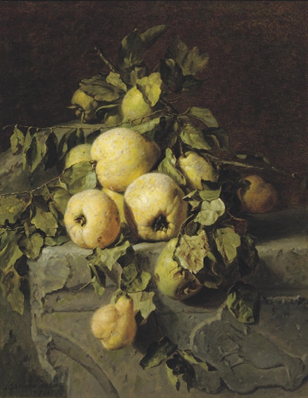 Quinces on a ledge by Adriana Johanna Haanen, 1890
