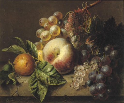 A peach, medlar, grapes and white currants on a ledge
