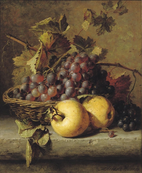 Apples and grapes on a ledge