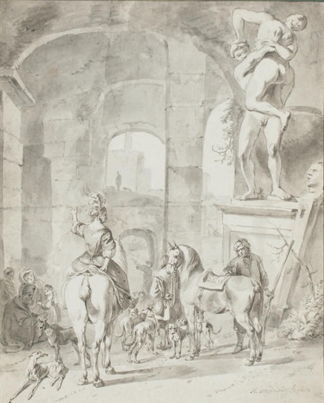 Hommes, femmes et enfants avec des chevaux et des chiens à l'entrée d'une ville, une sculpture de l'enlèvement d'une Sabine sur la droite by Hendrick Verschuring
