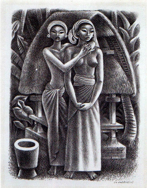 Two Balinese girls in front of a rice granary by Miguel Covarrubias