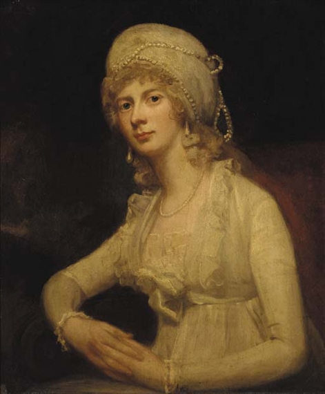 Portrait of a lady, seated half-length, in a white dress and white pearl-trimmed cap by George Romney