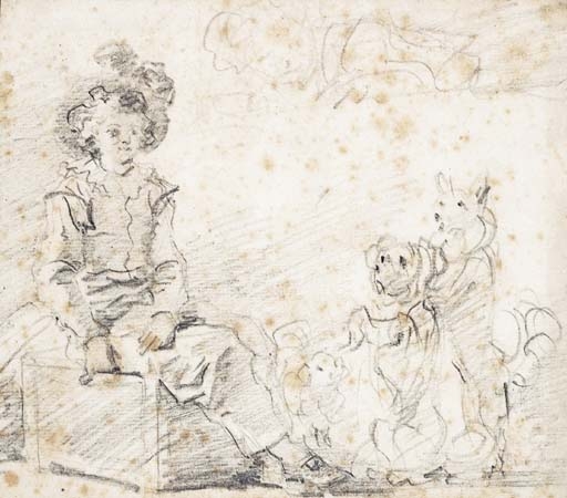 Three dogs standing before a boy seated on a box by Jean-Honoré Fragonard