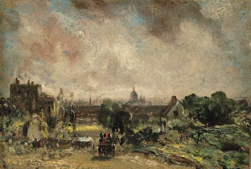 Artwork by John Constable, View of the City of London from Sir Richard Steele's Cottage, Hampstead, a sketch, Made of oil on paper