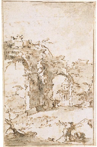 Artwork by Francesco Guardi, A capriccio with ruins and a small temple (recto); An elegant interior with garlanded columns (verso), Made of black chalk, pen and brown ink