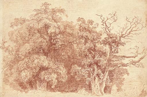 A study of trees at the edge of wood, with figures resting in the shade by Jean-Honoré Fragonard