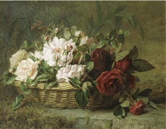 Roses in a basket - Adriana Johanna Haanen
