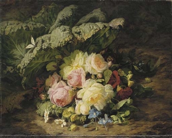 A Bouquet of Roses, Daisies and Violets with a Butterfly on a Mossy Bank - Simon Saint-Jean