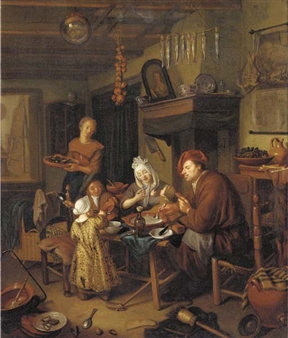 An interior with a family eating around a table, an artist's studio beyond - Hendrik de Valk