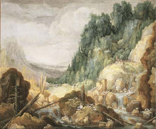 A mountainous river landscape with a goatherder resting on a rock, a watermill and a waterfall beyond by Tobias Verhaecht