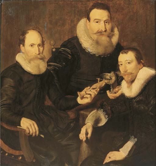 Group portrait of three gentlemen, three-quarter-length, seated in black costumes with lace collars and cuffs by Thomas de Keyser, 1632