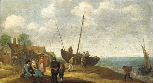 Artwork by Abraham Willaerts, A coastal landscape with fish sellers by a beached boat, a village beyond, Made of oil on panel