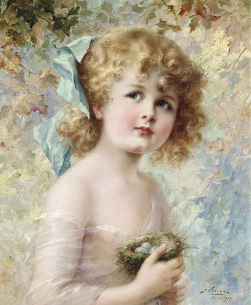 Artwork by Émile Vernon, Young Girl Holding a Nest, Made of oil on canvas
