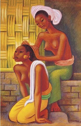 Artwork by Miguel Covarrubias, Two Balinese girls, Made of coloured ink on paper