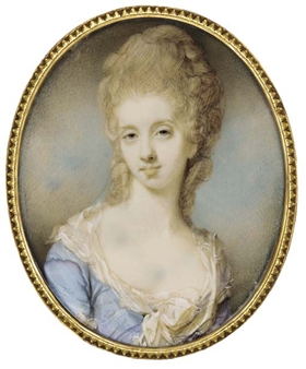 A young lady, facing left in pale blue dress with lace-bordered underdress with large white bow at corsage, her fair hair curled and upswept - Jeremiah Meyer