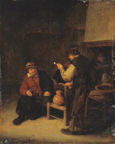 Peasants drinking in an interior by Adriaen van Ostade