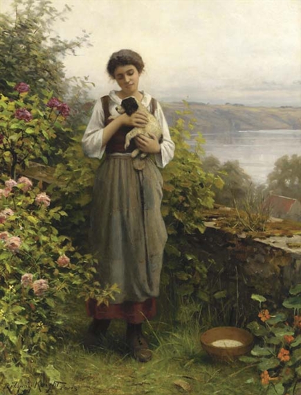 A Young Girl Holding a Puppy by Daniel Ridgway Knight