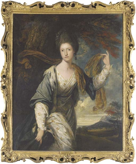 Portrait of The Hon. Jane Sanford, three-quarter-length, in a white and gold dress with a blue ermine-lined cloak and russet fichu by a tree in a landscape by Sir Joshua Reynolds