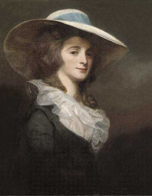 Artwork by George Romney, Portrait of Lady Herries, half-length, in a grey dress and white collar, with a wide-brimmed white hat with a blue ribbon, Made of oil on canvas