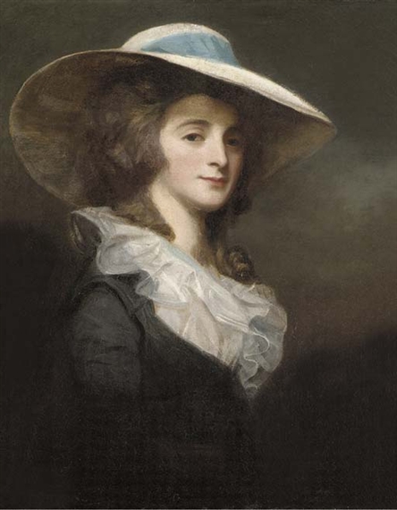 Portrait of Lady Herries, half-length, in a grey dress and white collar, with a wide-brimmed white hat with a blue ribbon by George Romney