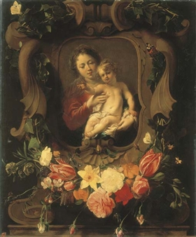 Vierge à l'enfant dans une couronne de fleurs - Daniel Seghers