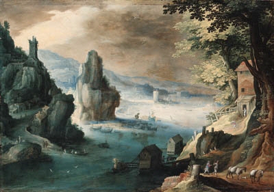 An estuary with travellers on a path before a house, a harbor beyond by Tobias Verhaecht